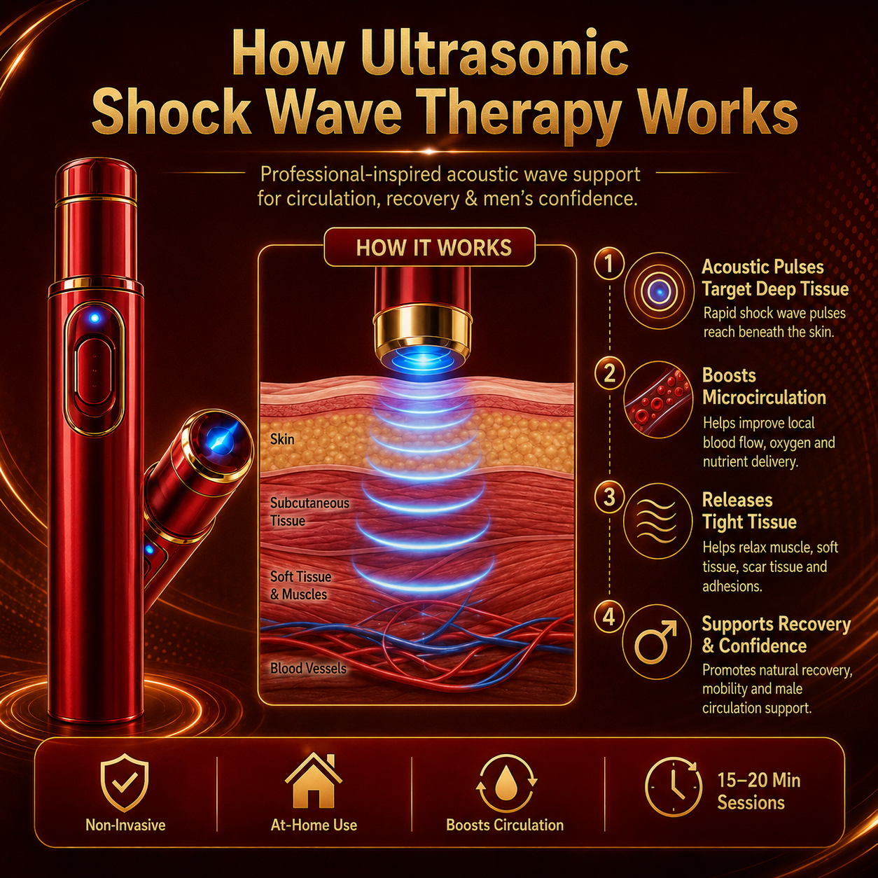🔊Advanced Acoustic Shockwave Therapy restores penile tissue health to enhance rise rigidity⬆️, stamina, and male performance confidence💪, relieving muscle pain, joint stiffness, tendon discomfort🩹